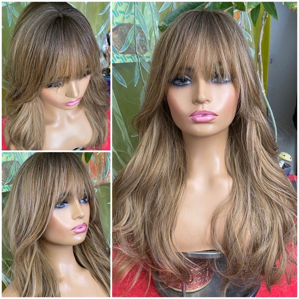 summer brunette wig with highlights and bangs/roots
